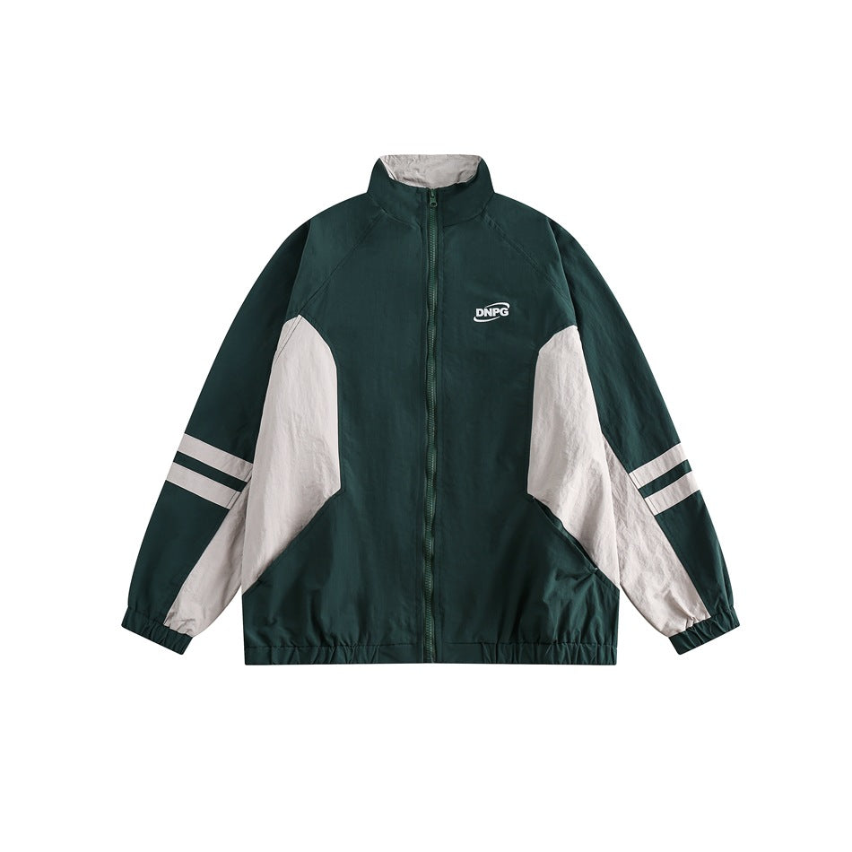 Unisex Jacket Retro Patchwork Contrast Color Stand-up Collar Jacket Men Spring and Autumn Coat