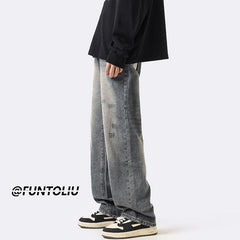 Men Jeans Straight Loose Washed-out Jeans Casual Wide Leg Pants