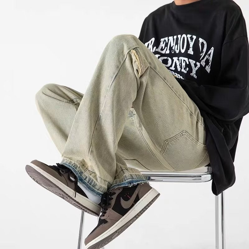 Men Jeans Retro Washed Jeans Men's Loose Straight Bootleg Pants