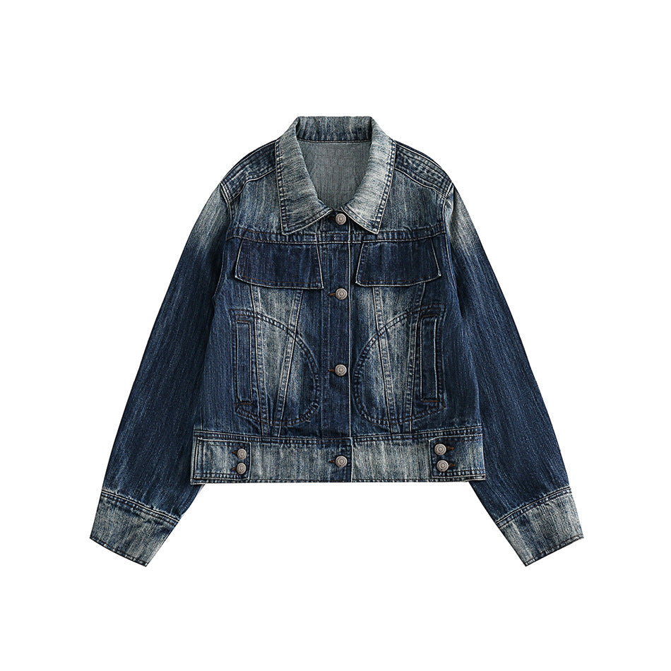 Unisex Jacket Vintage Top Washed Denim Jacket for Women Turn-down Collar Coat Spring and Autumn