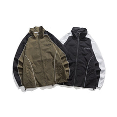 Unisex Jacket Vintage V Contrast Color Stand-up Collar Sports Jacket Men's and Women's Coats