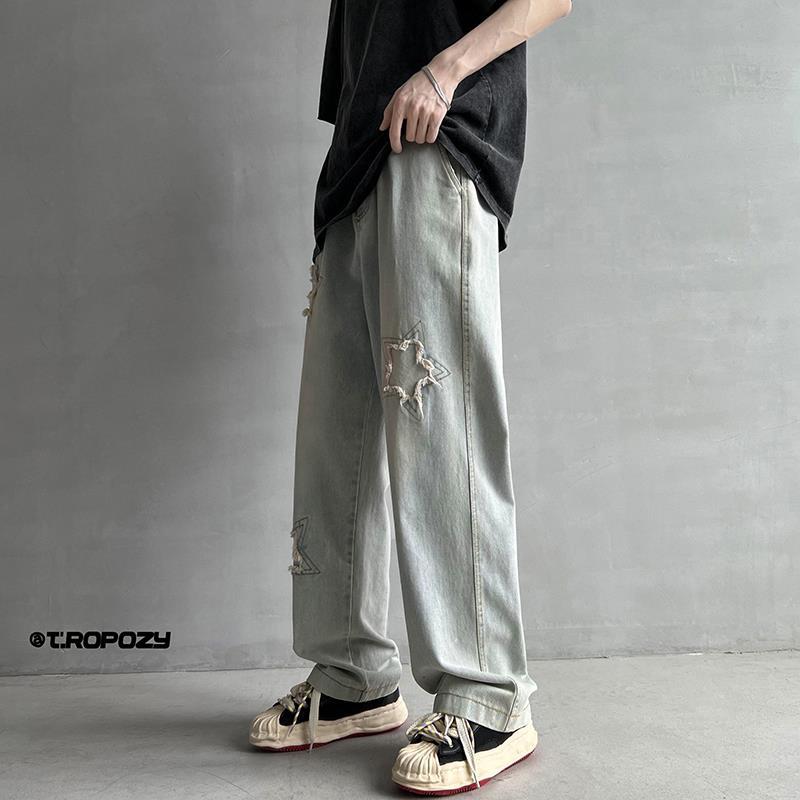 Men Jeans Summer Retro Tattered Jeans Straight Loose Casual Pants