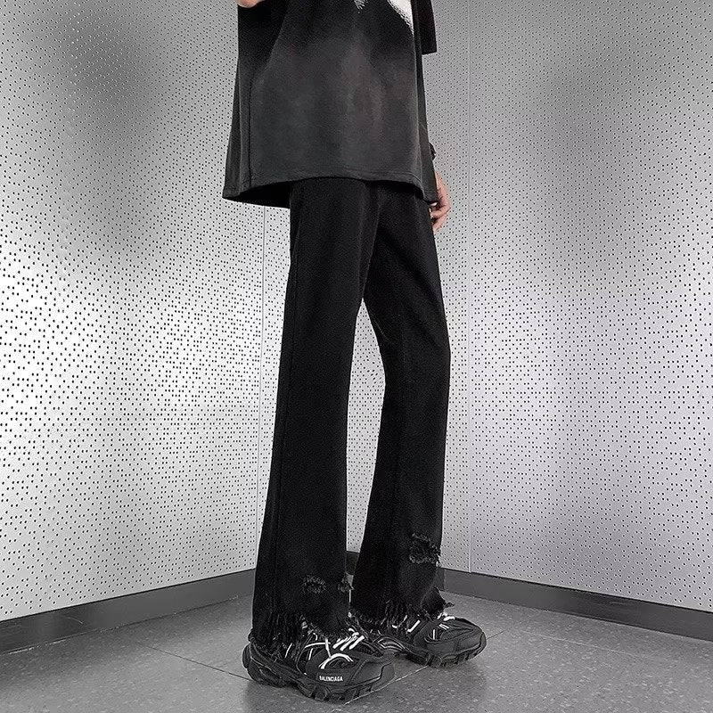 Men Jeans Raw Hem Ripped Skinny Jeans Summer Baggy Straight Trousers