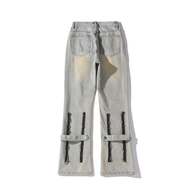 Men Jeans Spring Straight Casual Trousers Vintage Zipper Bootcut Trousers