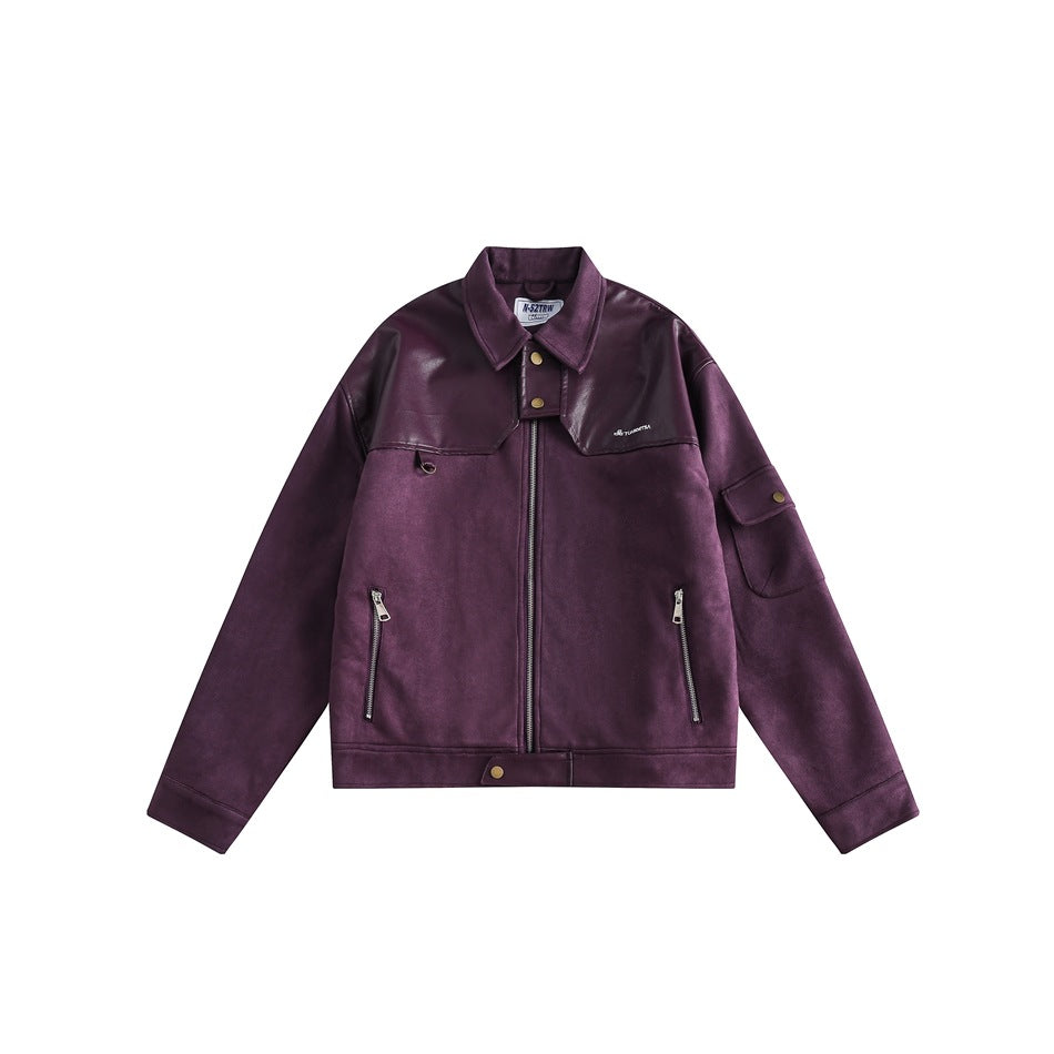 Unisex Jacket Vintage Suede Stitching Pu Turn-down Collar Coat Men and Women Loose Jacket