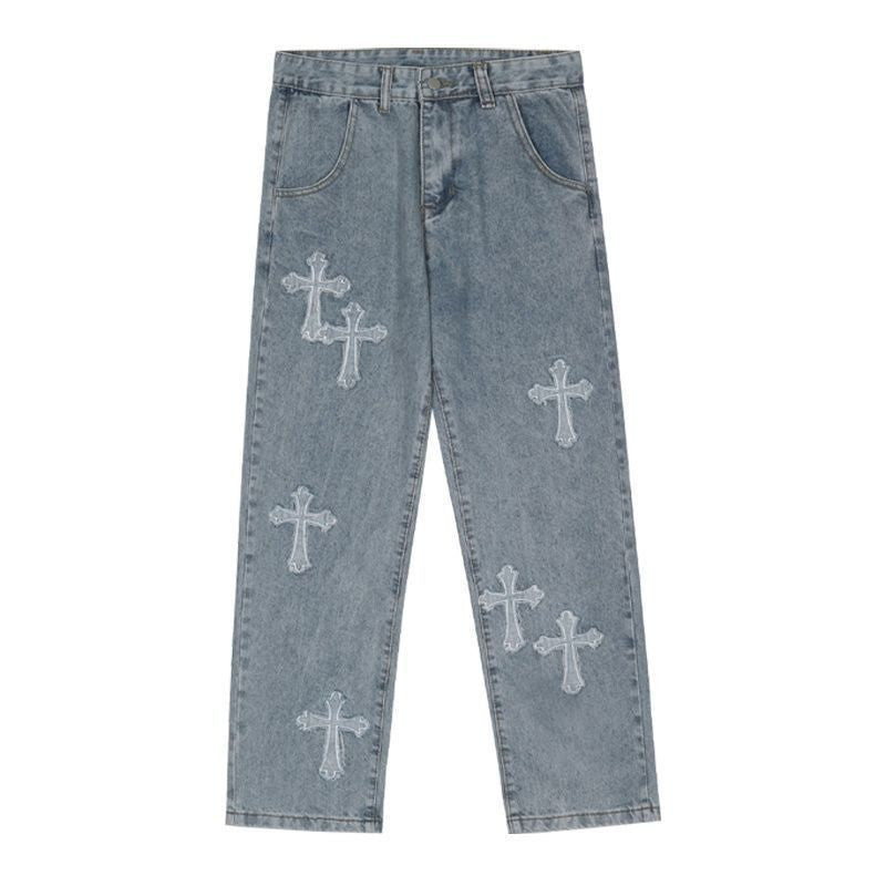 Men Jeans Cross Patchwork Jeans Hip Hop Straight Loose-Fitting Wide-Leg Trousers