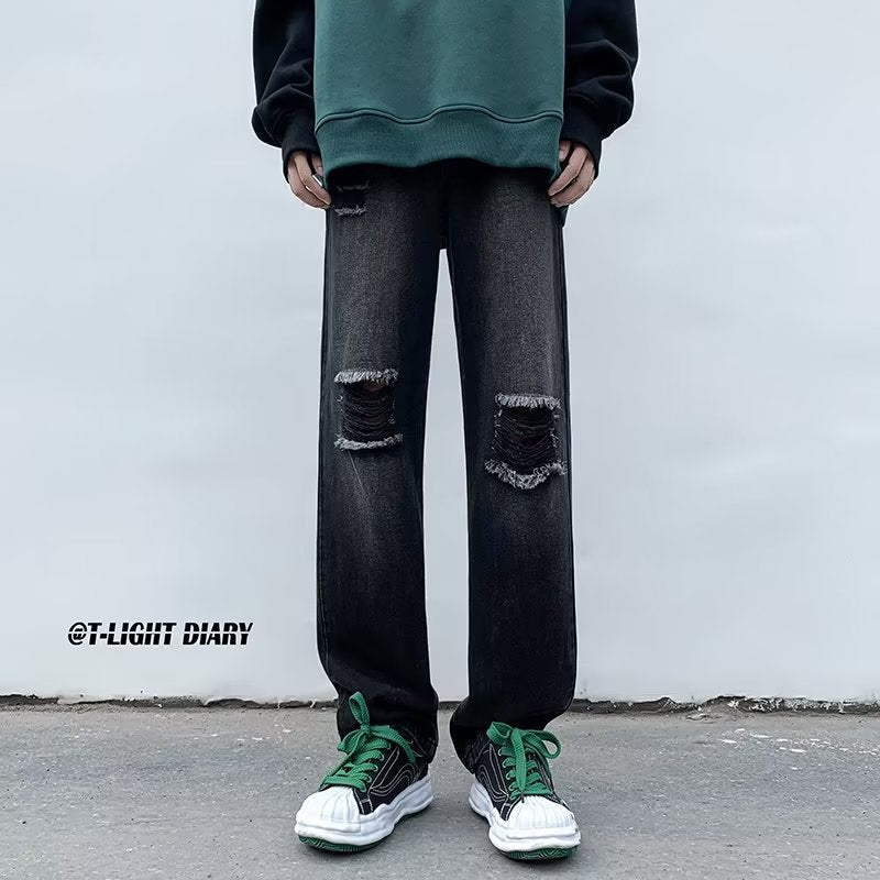 Men Jeans Ripped Jeans Men's Summer Retro Men's Black Trousers Loose Straight