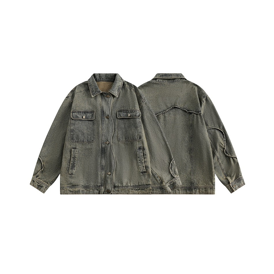 Unisex Jacket Vintage 3D Cutting Washed Denim Jacket Men and Women Baggy Coat