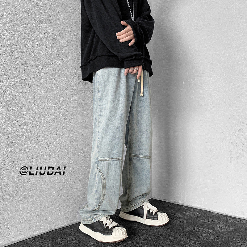 Men Jeans Elastic Waist Jeans Baggy Straight Trousers