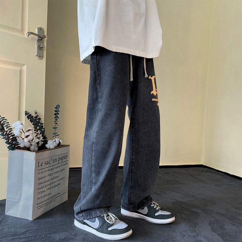 Men Jeans Fall Washable Pants Straight Loose-Fitting Wide-Leg Trousers