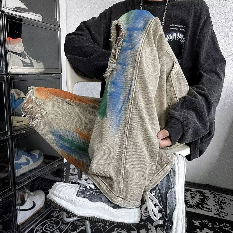Men Jeans Hiphop Tie-Dyed Ripped Jeans Graffiti Tooling Straight Wide-Leg Pants