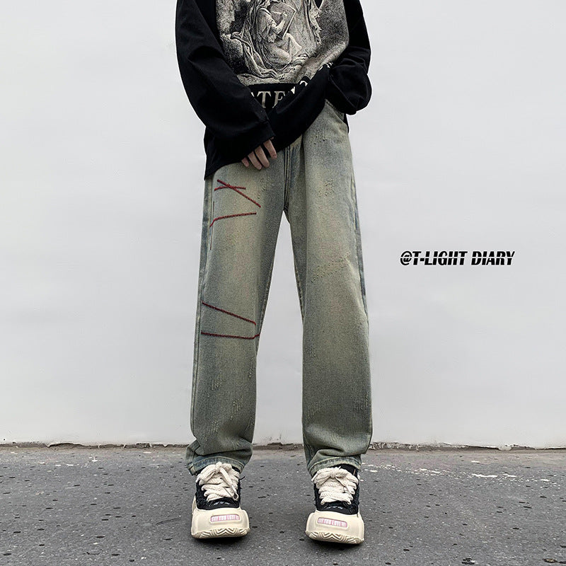 Men Jeans Washed Jeans Men's Winter Retro Straight-Leg Pants