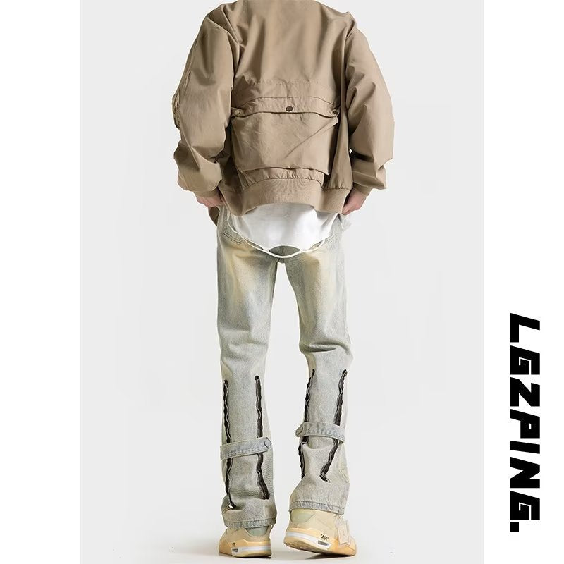 Men Jeans Spring Straight Casual Trousers Vintage Zipper Bootcut Trousers