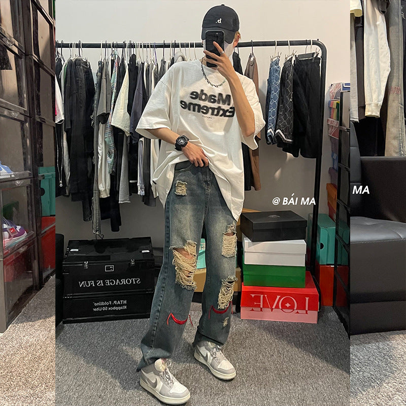Men Jeans Ripped Jeans Men's Summer Retro Hip Hop Straight-Leg Trousers