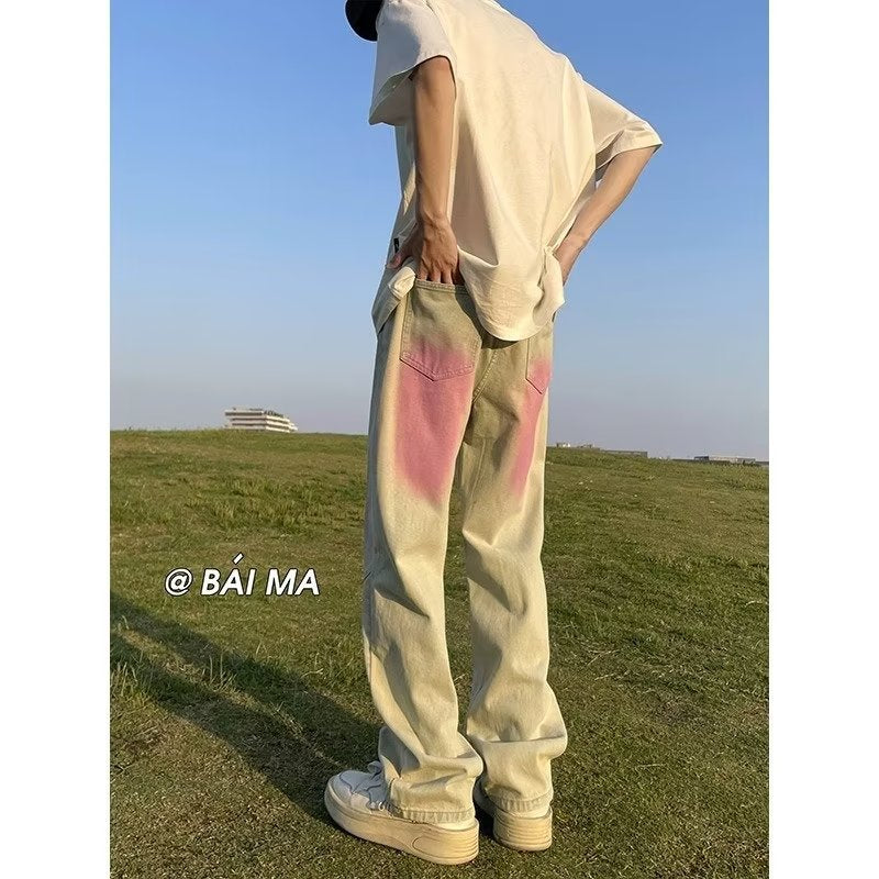 Men Jeans Summer Retro Washed Distressed Loose Straight Casual Trousers