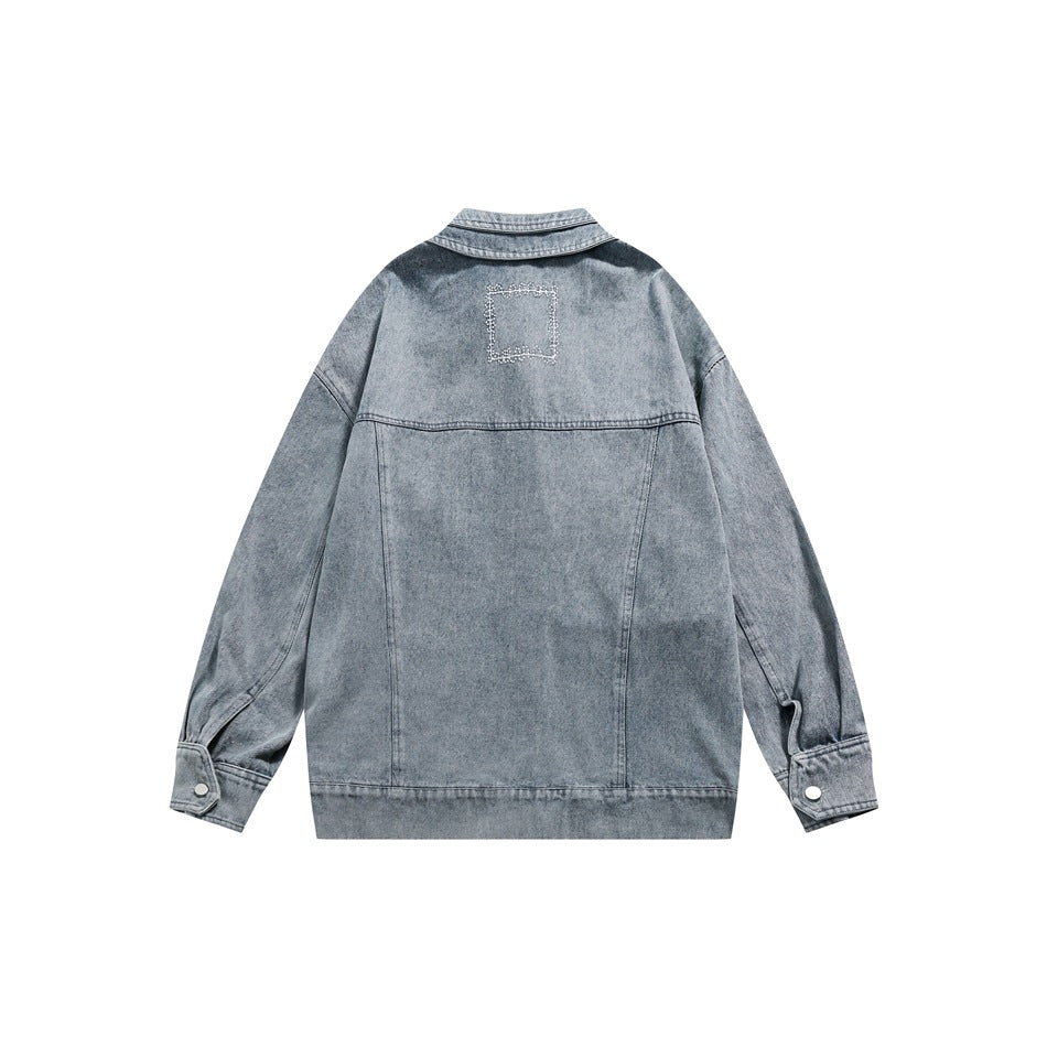 Unisex Jacket Retro Washed Denim Jacket Lapel Loose Pockets Overalls