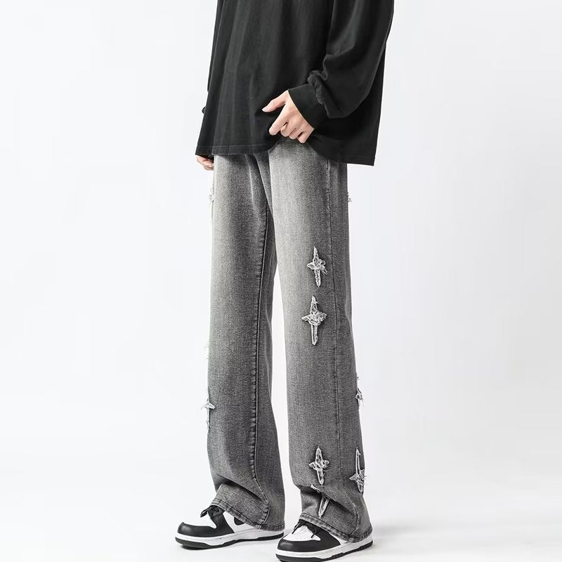 Men Jeans Cross Embroidery Straight-Leg Pants Spring Loose Retro Oversized Casual Trousers