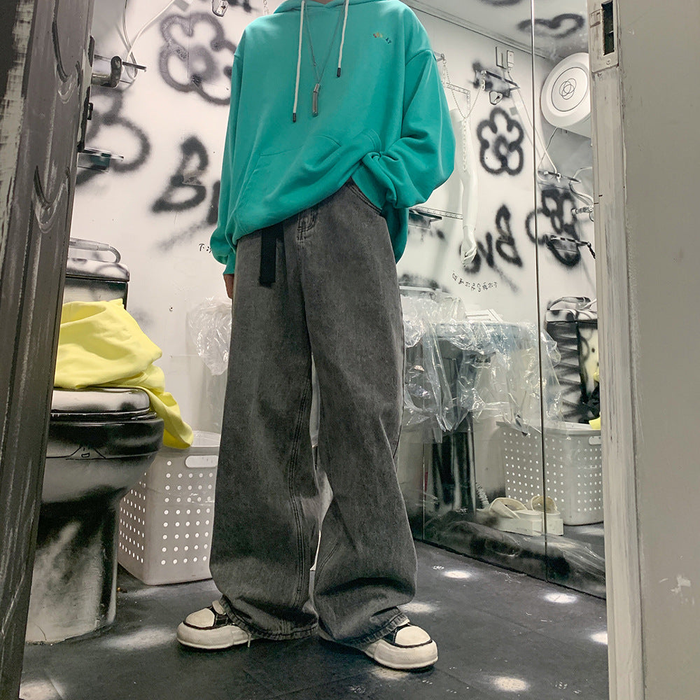 Men Jeans Loose Straight Wide-Leg Pants Spring and Autumn Hip Hop Retro Washed Trousers