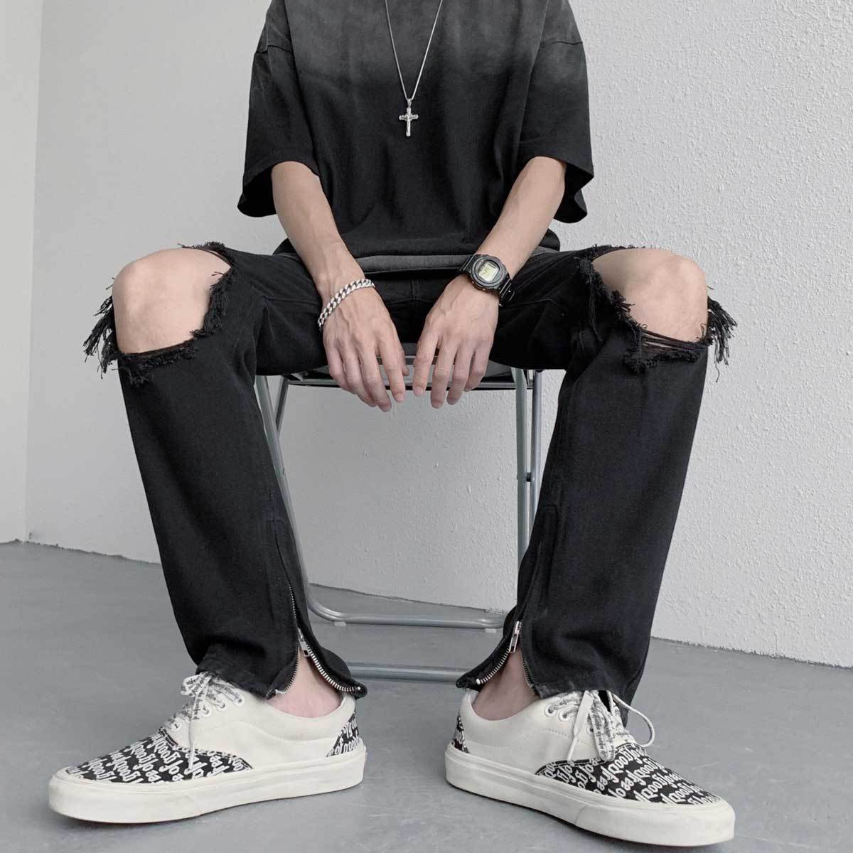 Men Jeans Ripped Jeans Men's Summer Loose Straight Wide Leg Pants