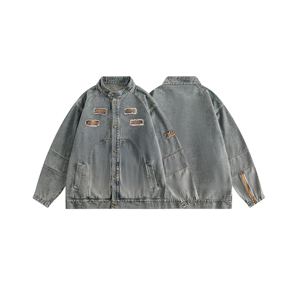 Unisex Jacket Casual Retro Locomotive Style Stand Collar Denim Jacket
