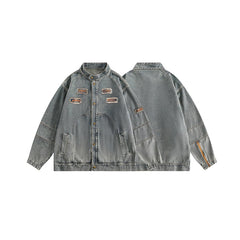 Unisex Jacket Casual Retro Locomotive Style Stand Collar Denim Jacket