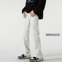 Men Jeans Black Jeans Men's Spring and Autumn Straight-Leg Pants Ripped Leisure Trousers
