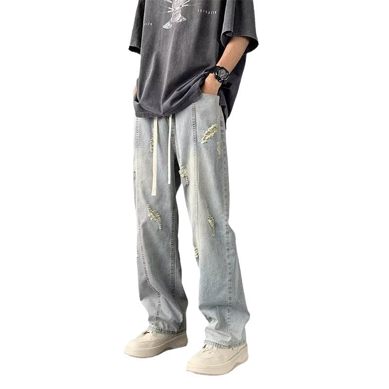 Men Jeans Summer Water Washed Hole Loose Straight Casual Trousers