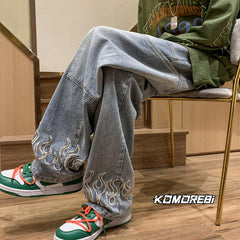 Men Jeans Men's Spring and Autumn Retro Distressed Straight Loose Casual Pants