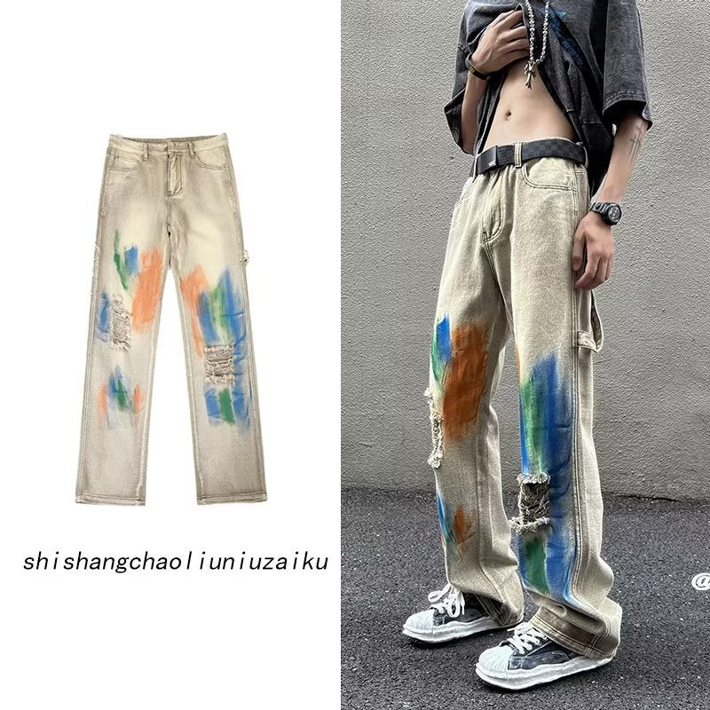 Men Jeans Washed Jeans Ripped Tie-Dye Pants Men Straight-Leg Pants