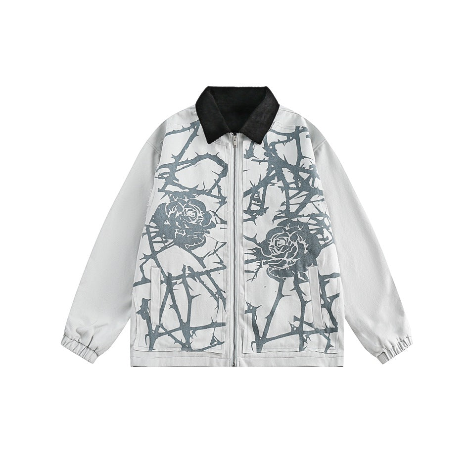 Unisex Jacket Vintage Thorn Print Overalls Men and Women Loose-Fitting Jacket Top