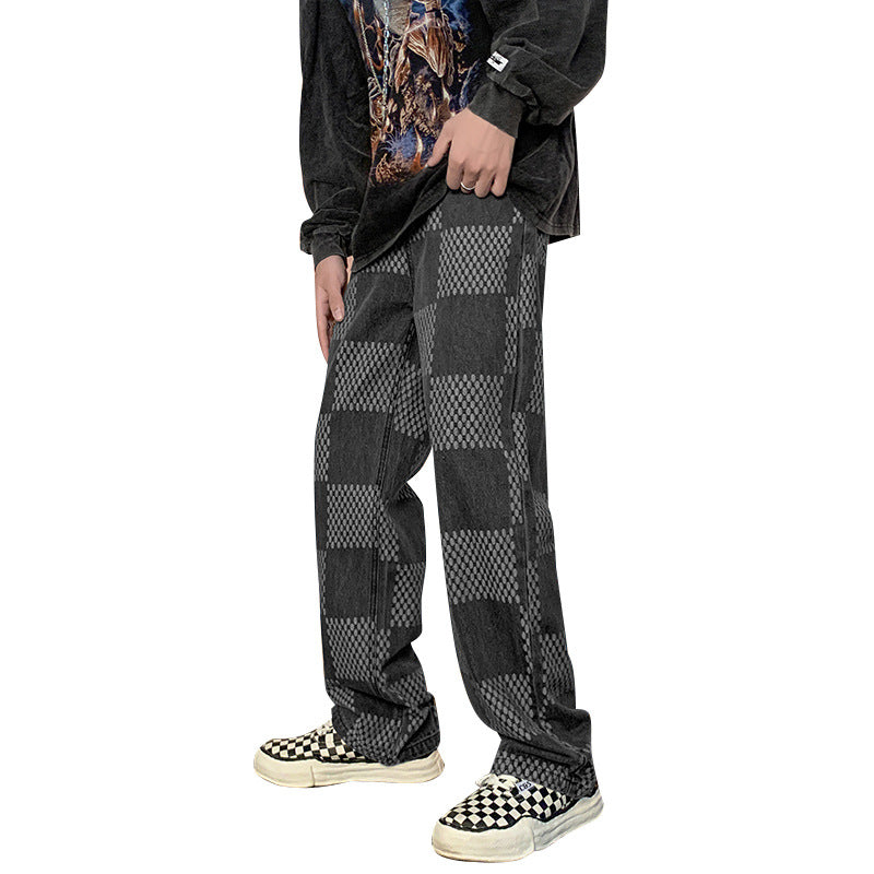 Men Jeans Chessboard Plaid Jeans Autumn Straight Wide-Leg Pants Retro Loose Trousers