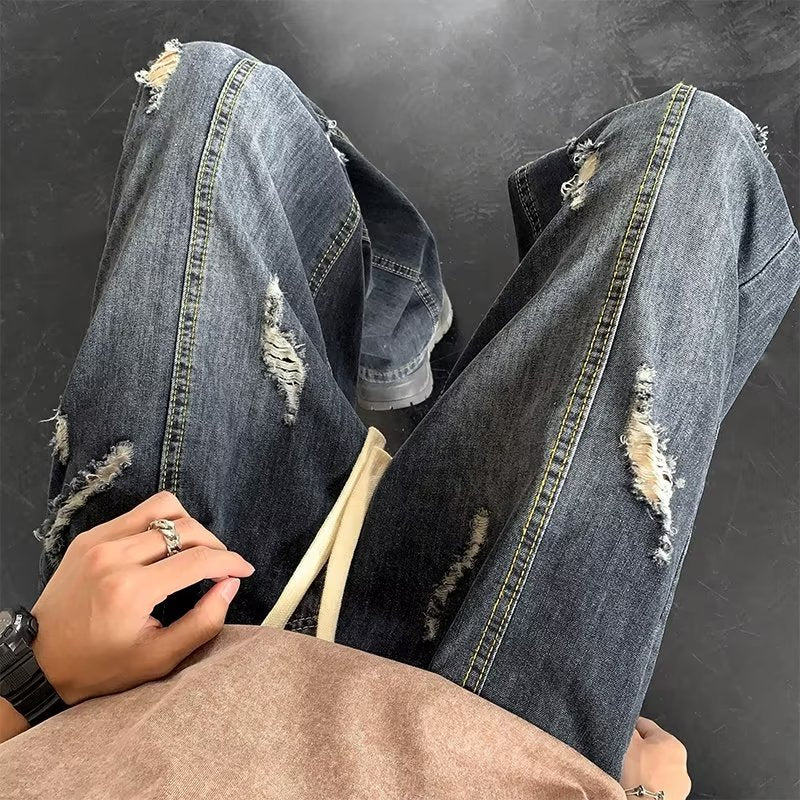 Men Jeans Summer Water Washed Hole Loose Straight Casual Trousers