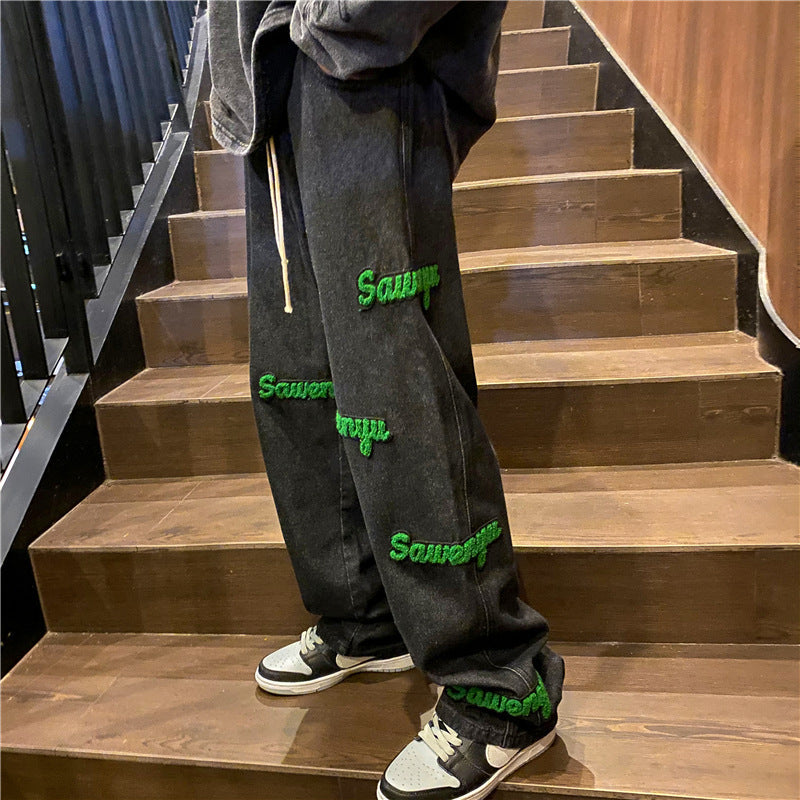 Men Jeans Flocking Embroidered Jeans Men's Spring and Autumn Loose Straight-Leg Wide-Leg Pants