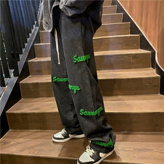 Men Jeans Flocking Embroidered Jeans Men's Spring and Autumn Loose Straight-Leg Wide-Leg Pants