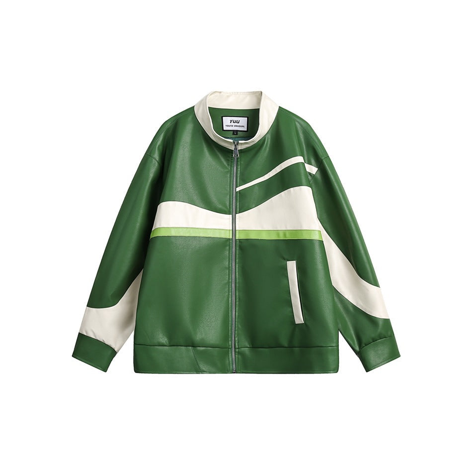 Unisex Jacket Retro Patchwork Jacket Loose PU Leather Coat