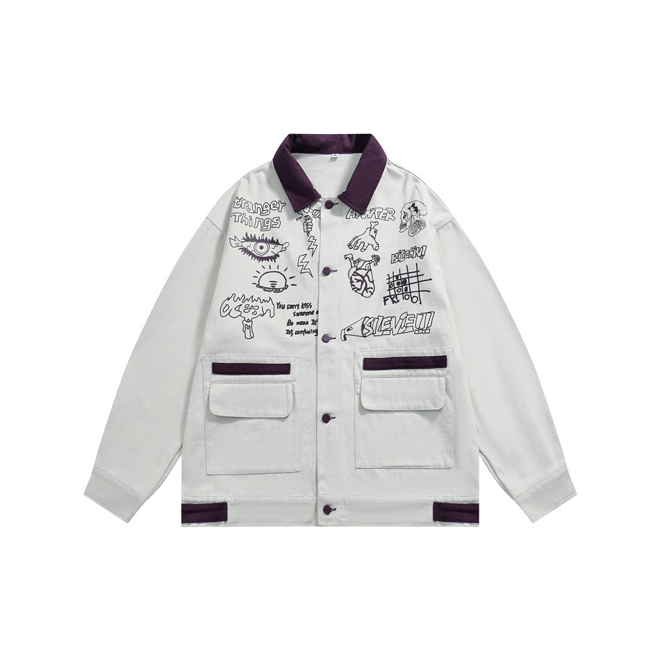 Unisex Jacket Vintage Denim Jacket Printed Loose Denim Jacket Denim Coat