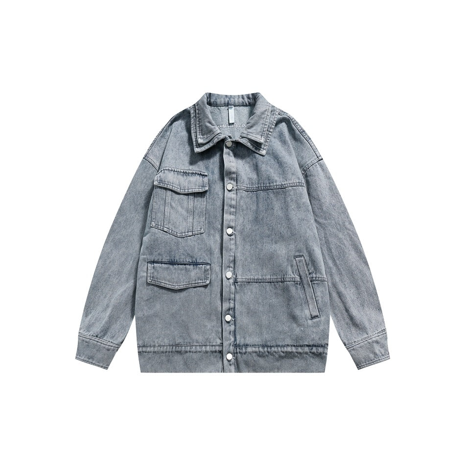 Unisex Jacket Retro Washed Denim Jacket Lapel Loose Pockets Overalls