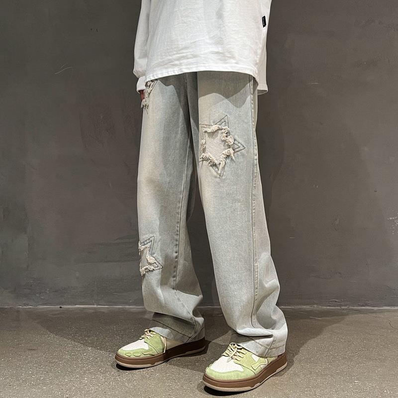 Men Jeans Oldschool Ripped Jeans Men's Summer Loose Straight P Pants