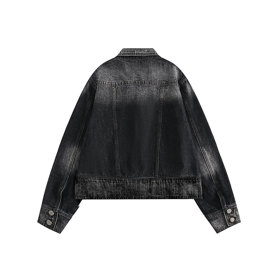 Unisex Jacket Vintage Top Washed Denim Jacket for Women Turn-down Collar Coat Spring and Autumn