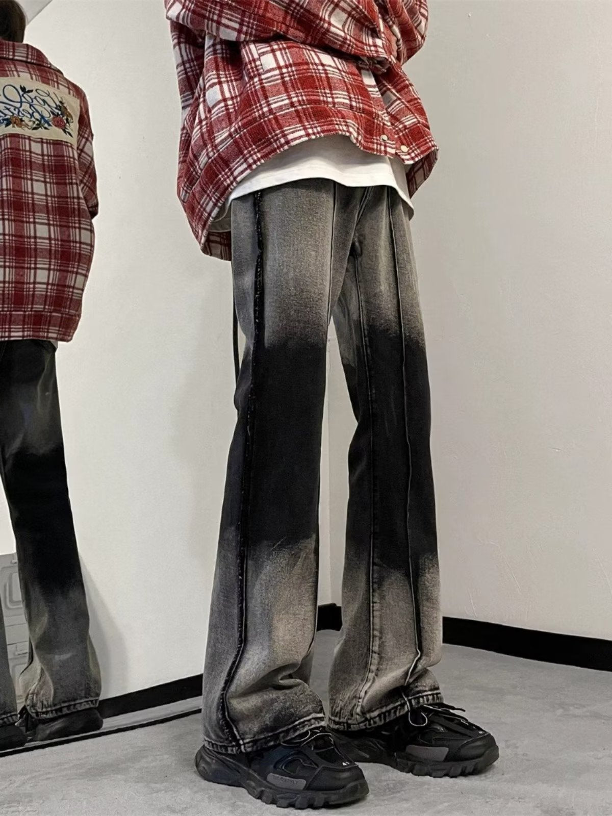 Men Jeans Gradient Washed Worn Jeans Autumn Loose Straight Casual Trousers