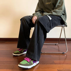 Men Jeans Washed-out Vintage Multi-Pocket Straight Loose Casual Wide-Leg Trousers