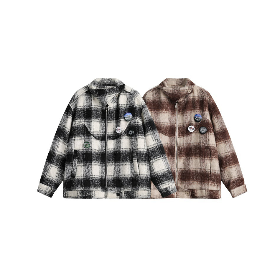 Unisex Jacket Vintage Plaid Loose Stand Collar Jacket Spring and Autumn Coat