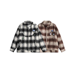 Unisex Jacket Vintage Plaid Loose Stand Collar Jacket Spring and Autumn Coat