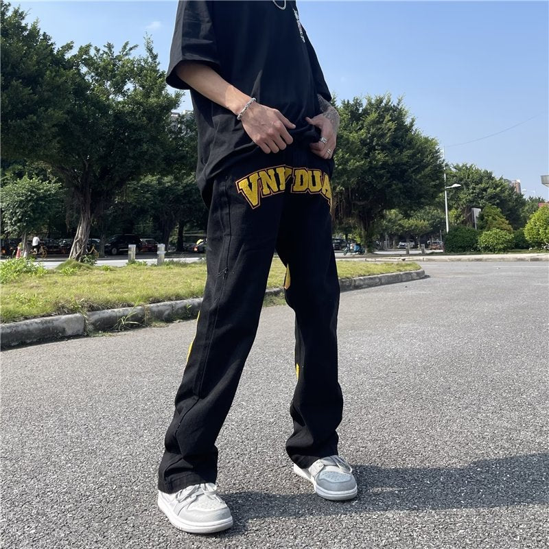 Men Jeans Flocking Embroidered Jeans Loose Trousers