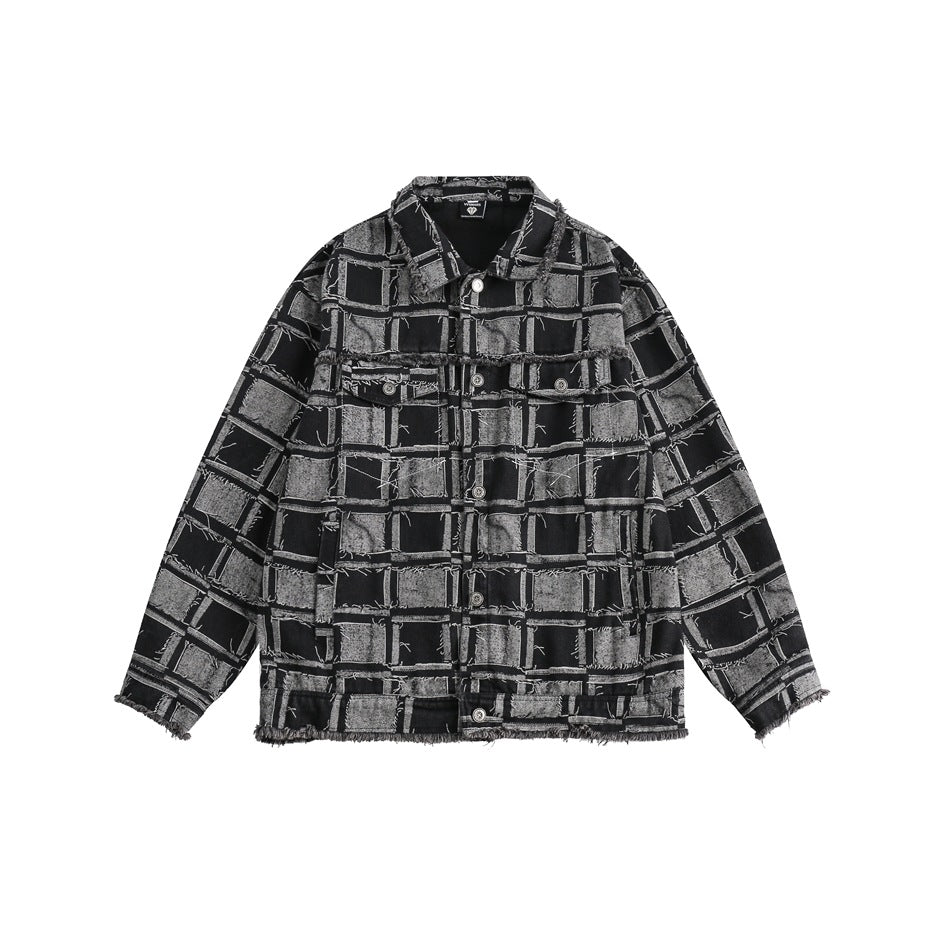 Unisex Jacket Vintage Plaid Denim Jacket for Men and Women Baggy Coat