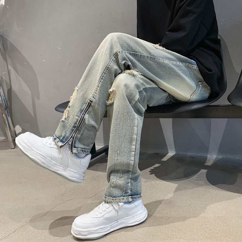 Men Jeans Ripped Jeans Summer Zipper Pants