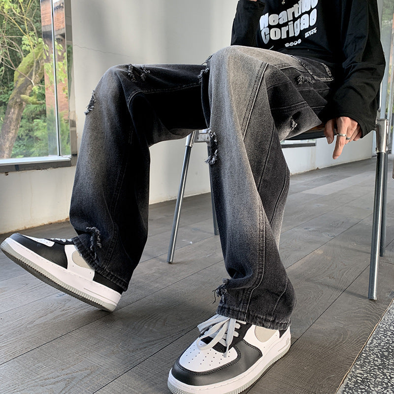Men Jeans Ripped Jeans Men's Autumn Retro Loose Straight Trousers