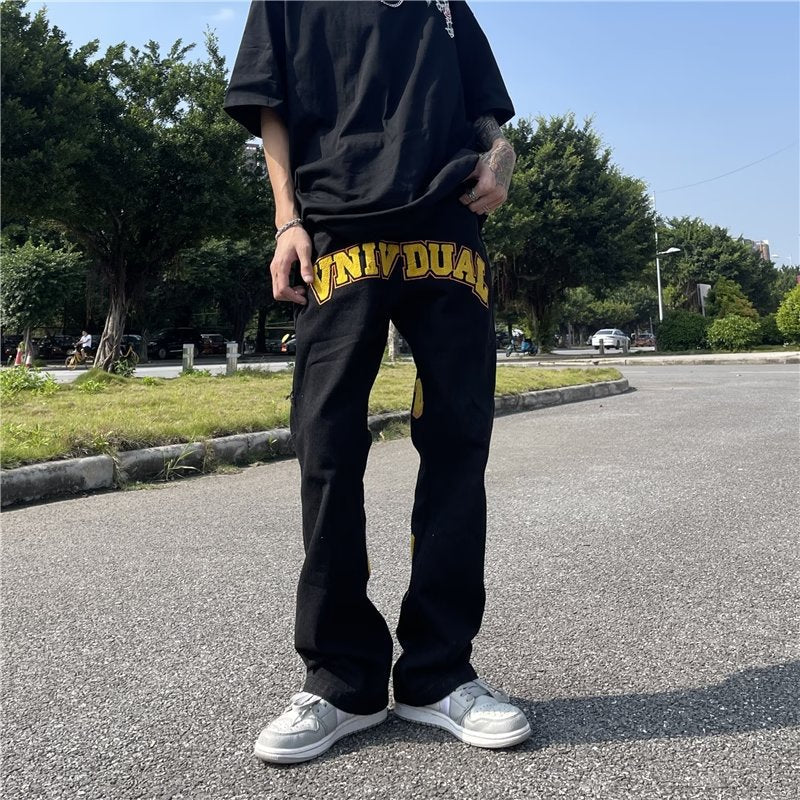 Men Jeans Flocking Embroidered Jeans Loose Trousers