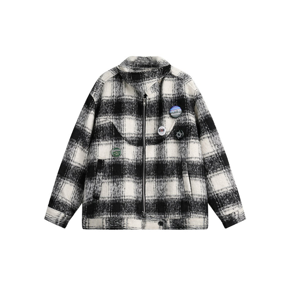 Unisex Jacket Vintage Plaid Loose Stand Collar Jacket Spring and Autumn Coat