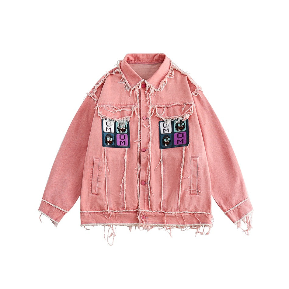 Unisex Jacket Loose Raw Hem Turn-down Collar Coat